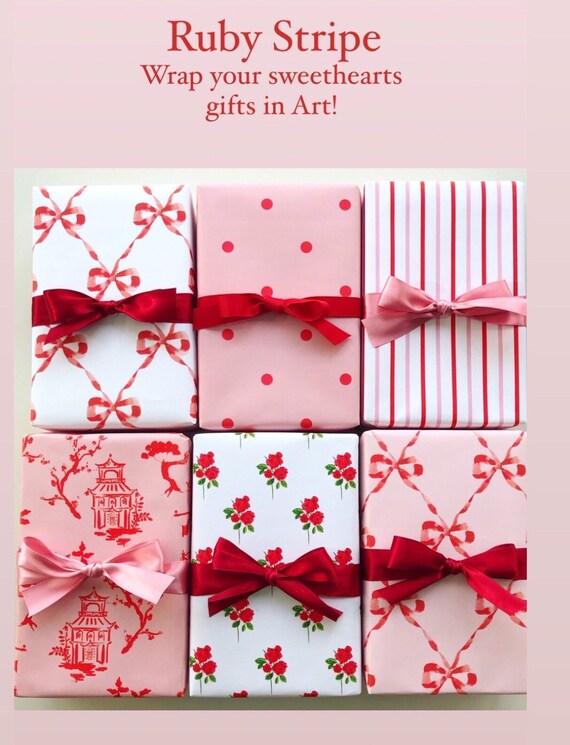 Wrapping Paper: Red and Blush Parisian Bows gift Wrap, Birthday, Holiday,  Christmas 