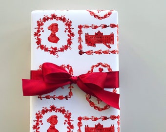 Wrapping Paper: Red On White Jane Austen {Gift Wrap, Birthday, Holiday, Christmas}