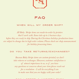 May include: Cream-colored FAQ sheet with red text and a logo. The text addresses order shipping times, return policies, and wrapping paper variety packs. The Ruby Stripe logo is a red octagon with the letters "R" and "S".