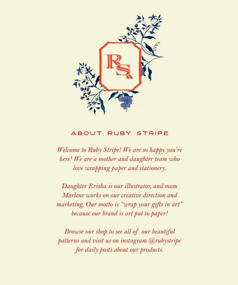 May include: Cream-colored card with the text "ABOUT RUBY STRIPE" and a logo featuring the letters "R" and "S" inside a red hexagon, surrounded by blue floral illustrations. The text below describes the brand.