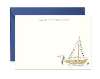 Set de papelería personalizado con diseño de velero, tarjetas náuticas personalizadas con sobres, tarjetas planas de estilo costero preppy, regalo para ella, barco de regata