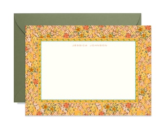 Golden Mums Border Stationery Classic Size (A7) Notecards, Monogram, Custom, Artistic, Chic, Fine Stationery, Luxury Stock