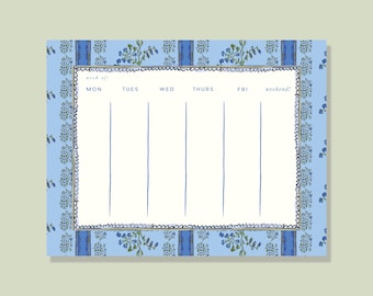 Weekly Pad: Blue Climbing Vines Block Stripe Personalized Notepad – Feminine Custom List Pad, Floral Stationery Gift for Her