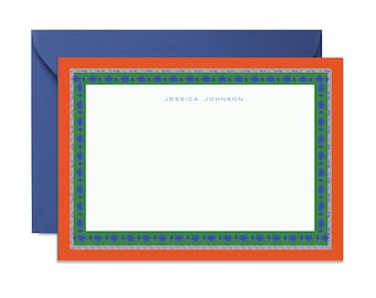 Constance Persimmon Block Print Border Stationery Classic Size (A7) Notecards, Monogram, Custom, Artistic, Chic, Fine Stationery, Luxury