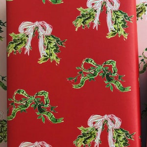 Wrapping Paper: Greens and Bows on Red {Gift Wrap, Birthday, Holiday, Christmas}