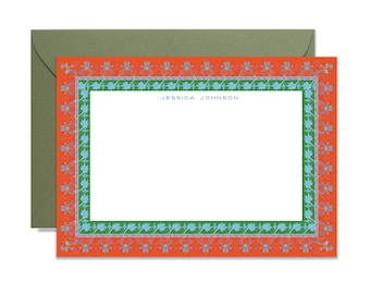 Maribel Persimmon Block Print Border Stationery Classic Size (A7) Notecards, Monogram, Custom, Artistic, Chic, Fine Stationery, Luxury Stock