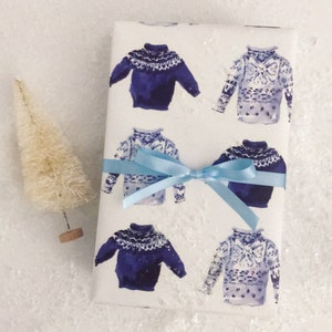 New! Wrapping Paper: Blue Fair Isle Sweaters {Gift Wrap, Birthday, Holiday, Christmas}