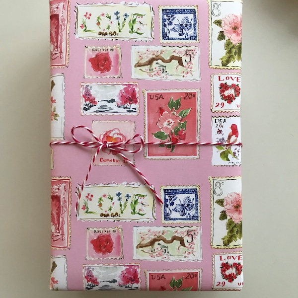 Wrapping Paper: Vintage Stamps Pink {Gift Wrap, Valentine's Day, Birthday, Holiday, Christmas}