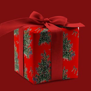 May include: A red gift box with a red ribbon and bow. The box is wrapped in paper with a pattern of green Christmas trees.