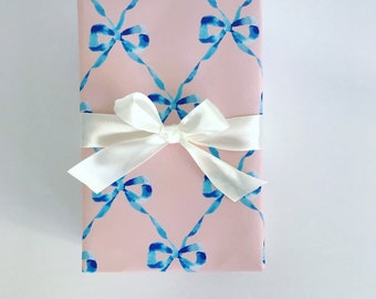 Wrapping Paper: Blue and Blush Parisian Bows {Gift Wrap, Birthday, Holiday, Christmas}