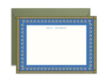 Coralie Azure Block Print Border Stationery Classic Size (A7) Notecards, Monogram, Custom, Artistic, Chic, Fine Stationery, Luxury Stock
