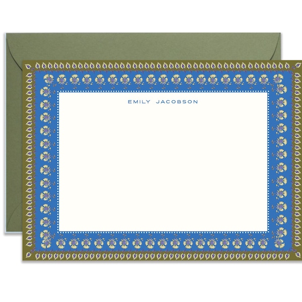 Coralie Azure Block Print Border Stationery Classic Size (A7) Notecards, Monogram, Custom, Artistic, Chic, Fine Stationery, Luxury Stock
