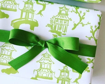 Wrapping Paper: Lime Pagoda On White {Gift Wrap, Birthday, Holiday, Christmas}