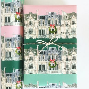 Wrapping Paper: Holiday Paris Apartments Blush and Green {Gift Wrap, Birthday, Holiday, Christmas}