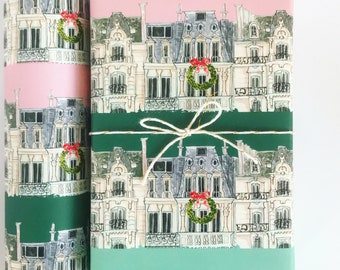 Wrapping Paper: Holiday Paris Apartments Blush and Green {Gift Wrap, Birthday, Holiday, Christmas}