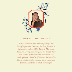 May include: A portrait of a person with long brown hair wearing a black top, framed by a red border and blue floral illustrations. Below the image, the text reads: ABOUT THE ARTIST. Erisha illustrates each and every one of our beautiful patterns.
