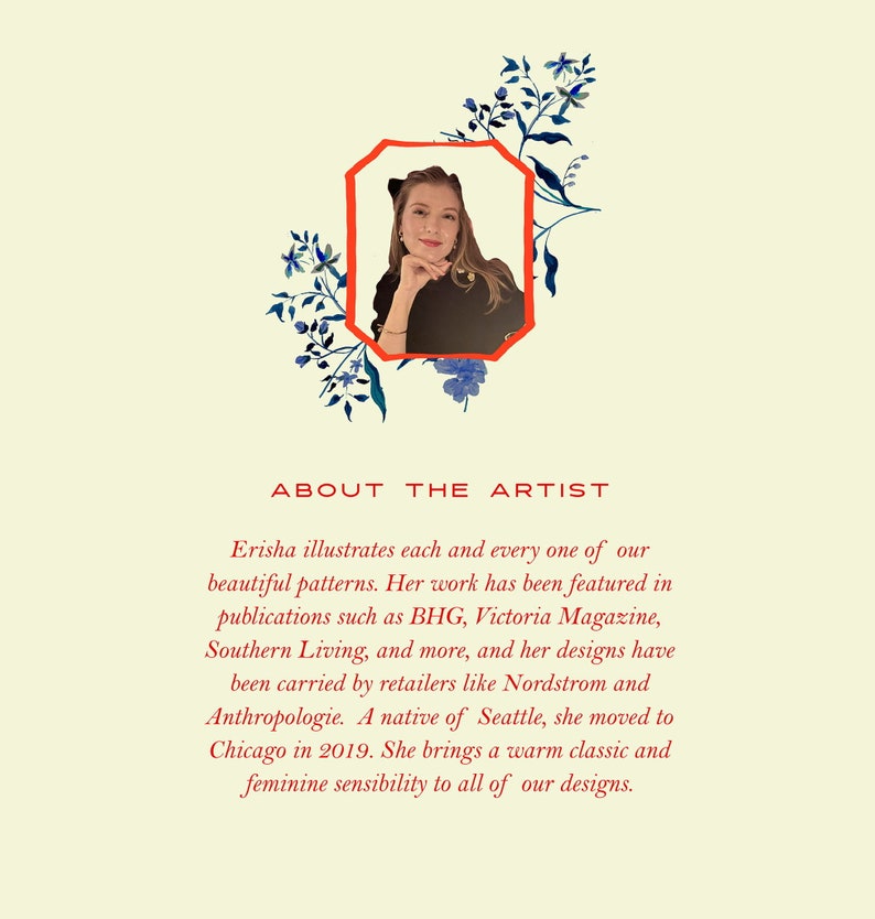 May include: A portrait of a person with long brown hair wearing a black top, framed by a red border and blue floral illustrations. Below the image, the text reads: ABOUT THE ARTIST. Erisha illustrates each and every one of our beautiful patterns.
