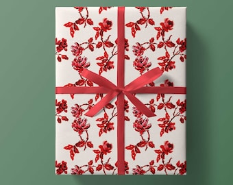 Wrapping Paper: Red Blooming Roses {Gift Wrap, Birthday, Holiday, Christmas}