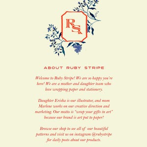 May include: Cream-colored card with the text "ABOUT RUBY STRIPE" and a logo featuring the letters "R" and "S" inside a red hexagon, surrounded by blue floral illustrations. The text below describes the brand.