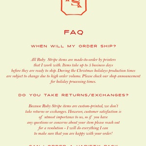May include: A light cream-coloured informational graphic featuring a red logo with the letters RS at the top. The text includes FAQ, When will my order ship?, Do you take returns/exchanges?, and Can I order a variety pack of your wrapping paper? with detailed answers provided below each question.