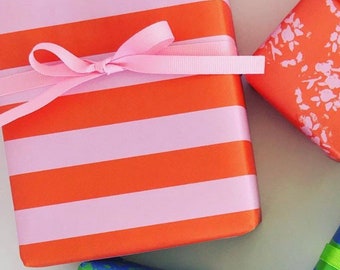 Wrapping Paper: Orange and Pink Cafe Stripe {Gift Wrap, Birthday, Holiday, Christmas}