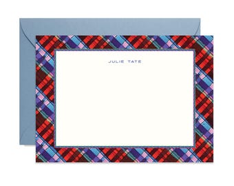 Personalized Notecards, Prescott Plaid Custom Name Stationery Set, Colorful Plaid Border Cards, Jewel Tone Preppy Flat Cards, Bold Gift Her