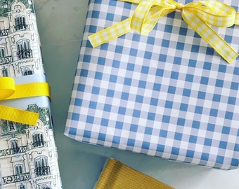 Wrapping Paper: Mini Blue Gingham {Gift Wrap, Birthday, Holiday, Christmas}