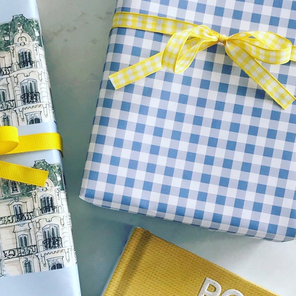 Wrapping Paper: Mini Blue Gingham {Gift Wrap, Birthday, Holiday, Christmas}