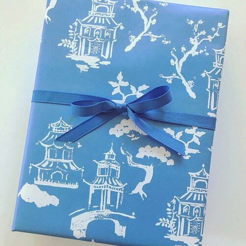 Wrapping Paper Blue Pagoda gift Wrap Birthday Holiday Etsy
