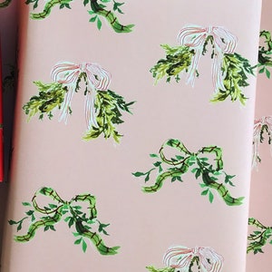 Wrapping Paper: Greens and Bows on Pink {Gift Wrap, Birthday, Holiday, Christmas}