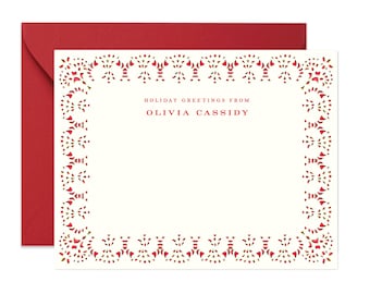 Red Lace Border Stationery Mignon Size {Stationary Notecards, Monogram, Custom, Artistic, Girly, Christmas Trees, Green, Red, Chic}