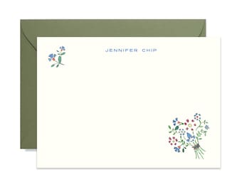 Petra Bouquet Personalized Notecards, Custom Name Stationery Set, Blue Floral Border Cards, Watercolor Ivy Wreath Flat Cards, Elegant