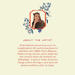 May include: A cream-colored graphic with the text "ABOUT THE ARTIST" and a photo of a woman in a red-framed octagonal shape. The text describes the artist's work and mentions publications and retailers.