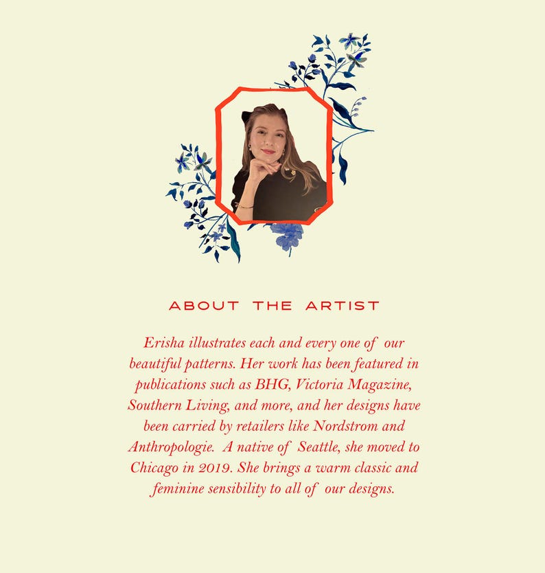May include: A cream-colored graphic with the text "ABOUT THE ARTIST" and a photo of a woman in a red-framed octagonal shape. The text describes the artist's work and mentions publications and retailers.