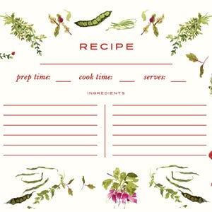 May include: A white recipe card featuring red text that reads RECIPE, prep time, cook time, serves, and INGREDIENTS. The card is decorated with watercolor illustrations of various vegetables including beets, tomatoes, beans, and leafy greens.