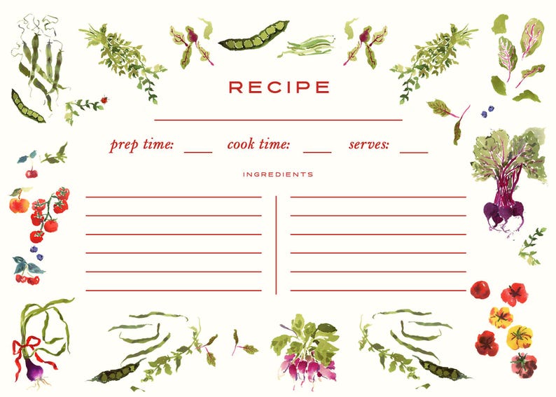 May include: A white recipe card featuring red text that reads RECIPE, prep time, cook time, serves, and INGREDIENTS. The card is decorated with watercolor illustrations of various vegetables including beets, tomatoes, beans, and leafy greens.