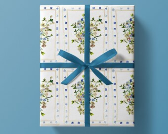 Wrapping Paper: Blue Brocade Floral {Gift Wrap, Birthday, Holiday, Christmas}