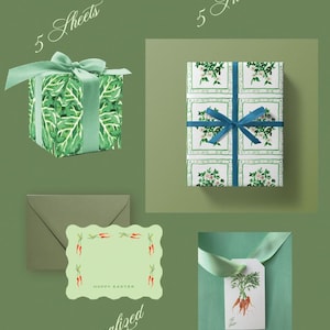 May include: Gift wrap and stationery set with a green theme. Includes wrapped gifts with green ribbon, notecards, and tags. The gift wrap features leaf and floral patterns. The notecards and tags have carrot illustrations. Text on the image reads "WRAP + TAGS & CARDS".