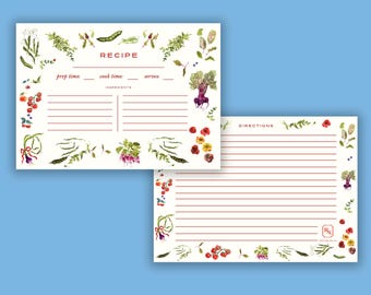 Tarjetas de recetas de verduras en acuarela, juego de tarjetas de recetas botánicas de jardín de 5x7 pulgadas a doble cara, tarjetas de recetas de cocina, tarjetas de recetas para despedida de soltera.