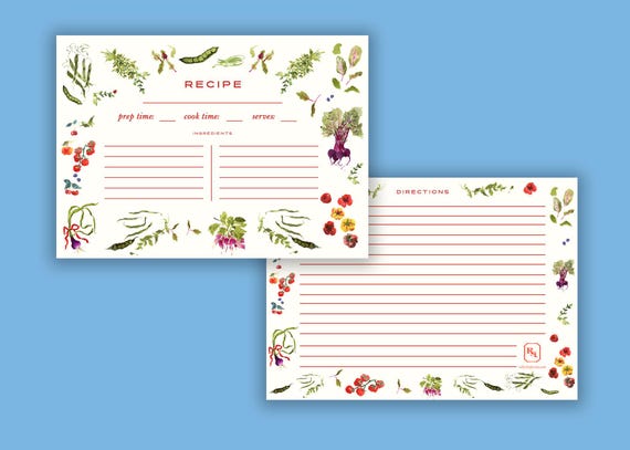 Watercolor Vegetable Recipe Cards, Garden Botanical 5x7 Double Sided Recipe Card Set, Kitchen Recipe Cards, Bridal Shower Recipe Cards