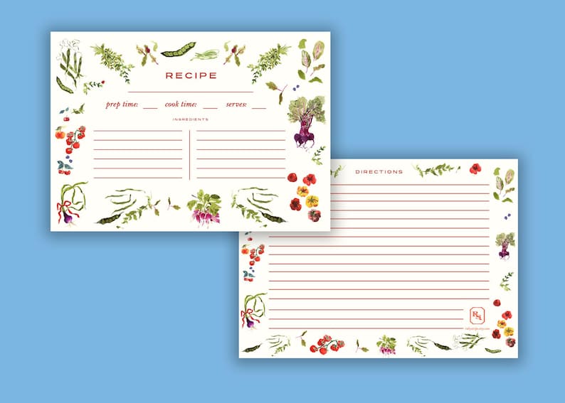 May include: Two white recipe cards featuring watercolor illustrations of vegetables and herbs. The front card includes fields for recipe title, prep time, cook time, serves, and ingredients. The back card features lined space for directions.