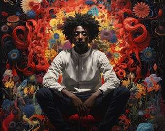 Puede incluir: Un hombre con rastas se sienta en un fondo abstracto colorido y arremolinado. El fondo es una mezcla de rojo, amarillo, azul y verde. El hombre lleva una camisa blanca y pantalones vaqueros azules.
