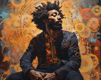 Puede incluir: Pintura abstracta de una persona con piel oscura y cabello rizado, que lleva una chaqueta y una camisa estampadas. El fondo presenta una vibrante mezcla de formas y líneas circulares naranjas, amarillas y azules, creando una composición dinámica y artística.