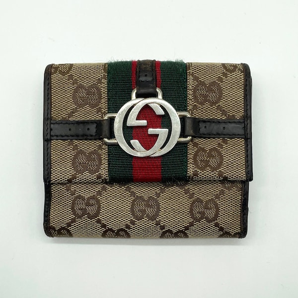 GUCCI Wallet Vintage Gucci Authentic GG Monogram Interlocking GG logo Web Reins Canvas Gucci Leather Wallet Brown Gucci Collectible Piece