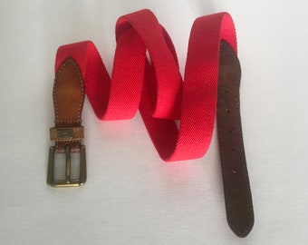 YSL BELT Leather Cotton Vintage Yves Saint Laurent Belt Authentic Red Color Brown Made in France Collectible Rare