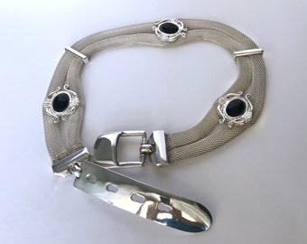Belt Antique Silver Vintage Metal Woven Mesh Belt Wicker Silver Clasp Silver Buckle Massive Metal Belt Collectible Rare Belt Medalions Noir