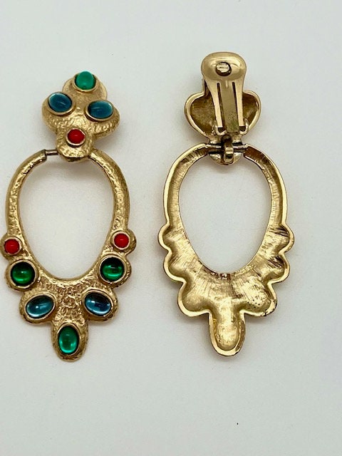 Boucles D'oreilles Vintage Plaqué Or - Fleur Avec Pierres Multicolores - Style Art Déco