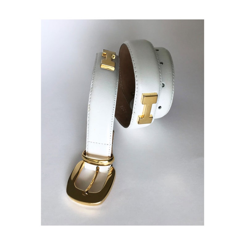 Vintage Belt Letter H Women Belt Leather White Belt Gold Plated Buckle Gold Plated Letter Model
