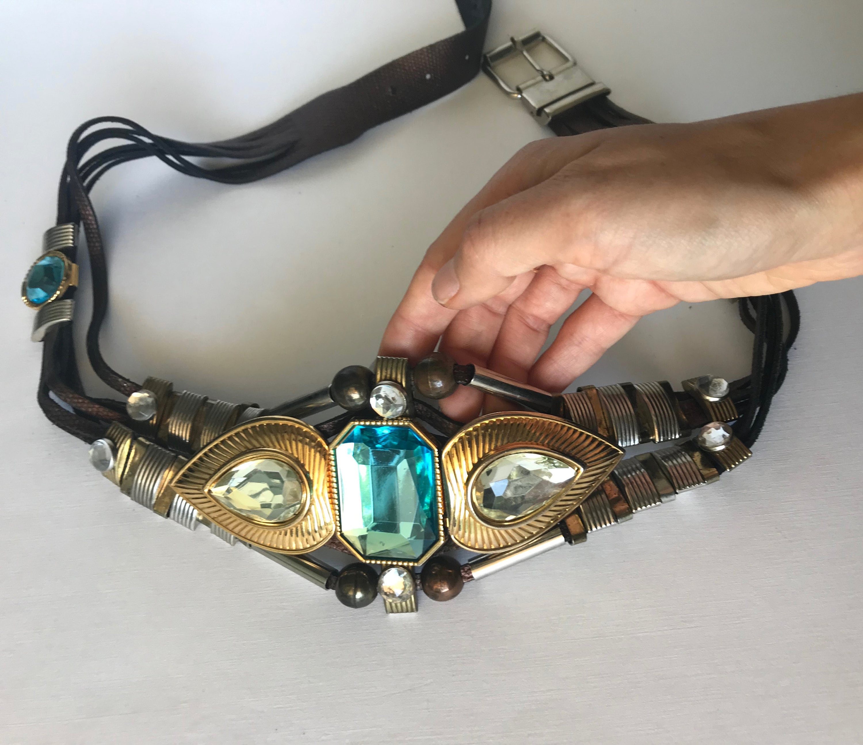 Vintage GUTOS Leather Belt: Crystal Stone Gold Plated 1960s Germany Signed 'Modele Depose' Collectible