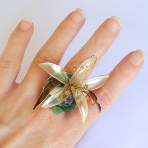 Handmade Flower Ring «White Lily» Handmade Gift Big Ring Summer Colorful Jewelry  Gemstone Ring Handmade Jewelry Gift for Women and Girl